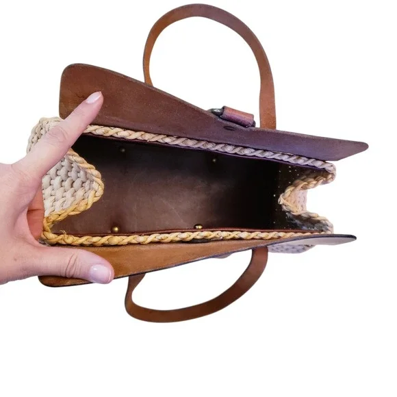 Etienne Aigner Vintage Woven Straw Double Handle Purse, Leather & Brass Details - Picture 8 of 16